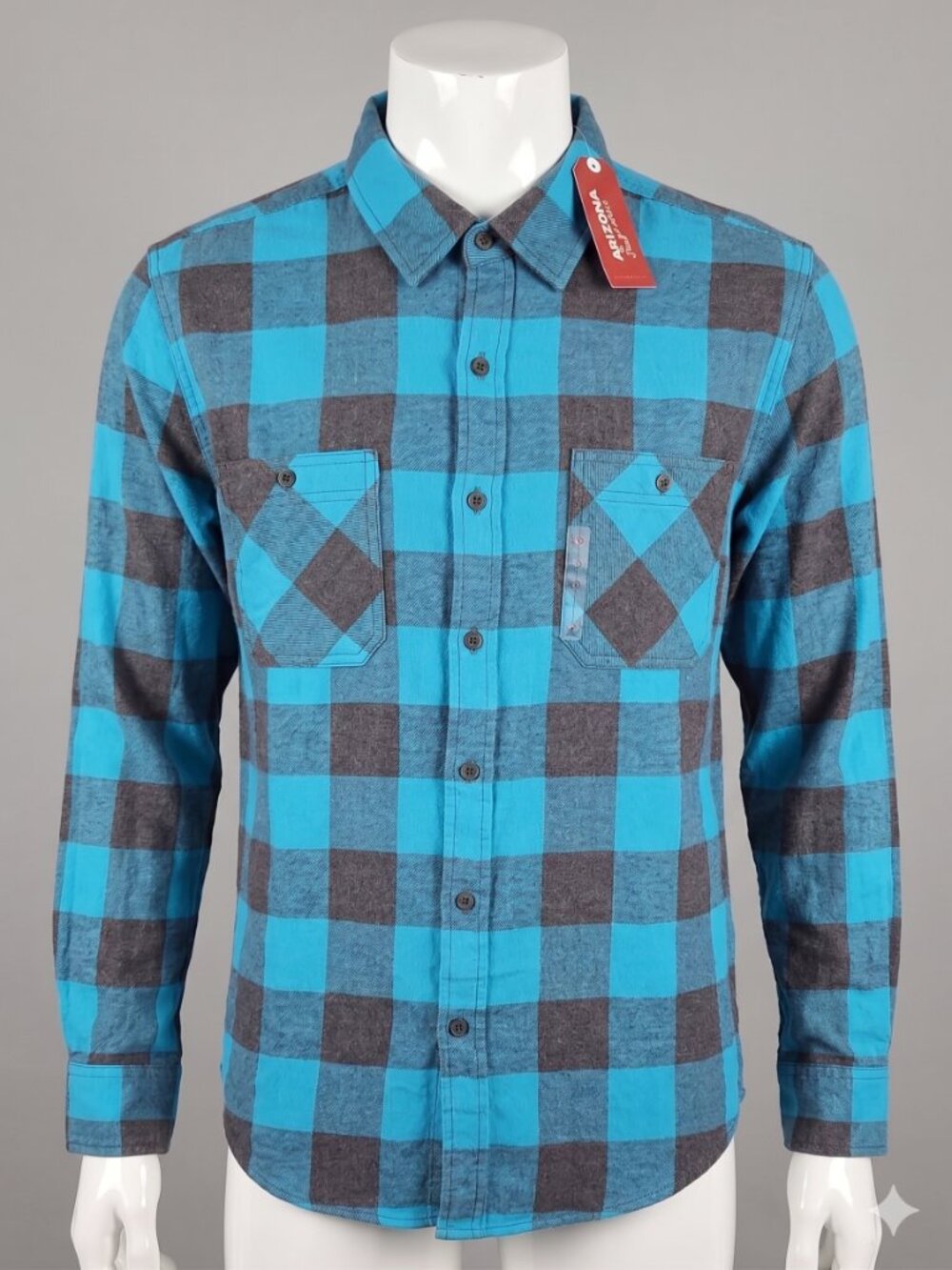 NWT Arizona Jean Co Men's Plaid Flannel Button Down Shirt Teal Blue Large